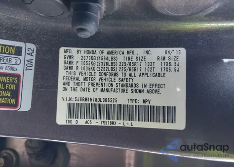 2013 Honda Cr-V Ex-L z USA, uszkodzony, nr VIN 5J6RM4H78DL066525